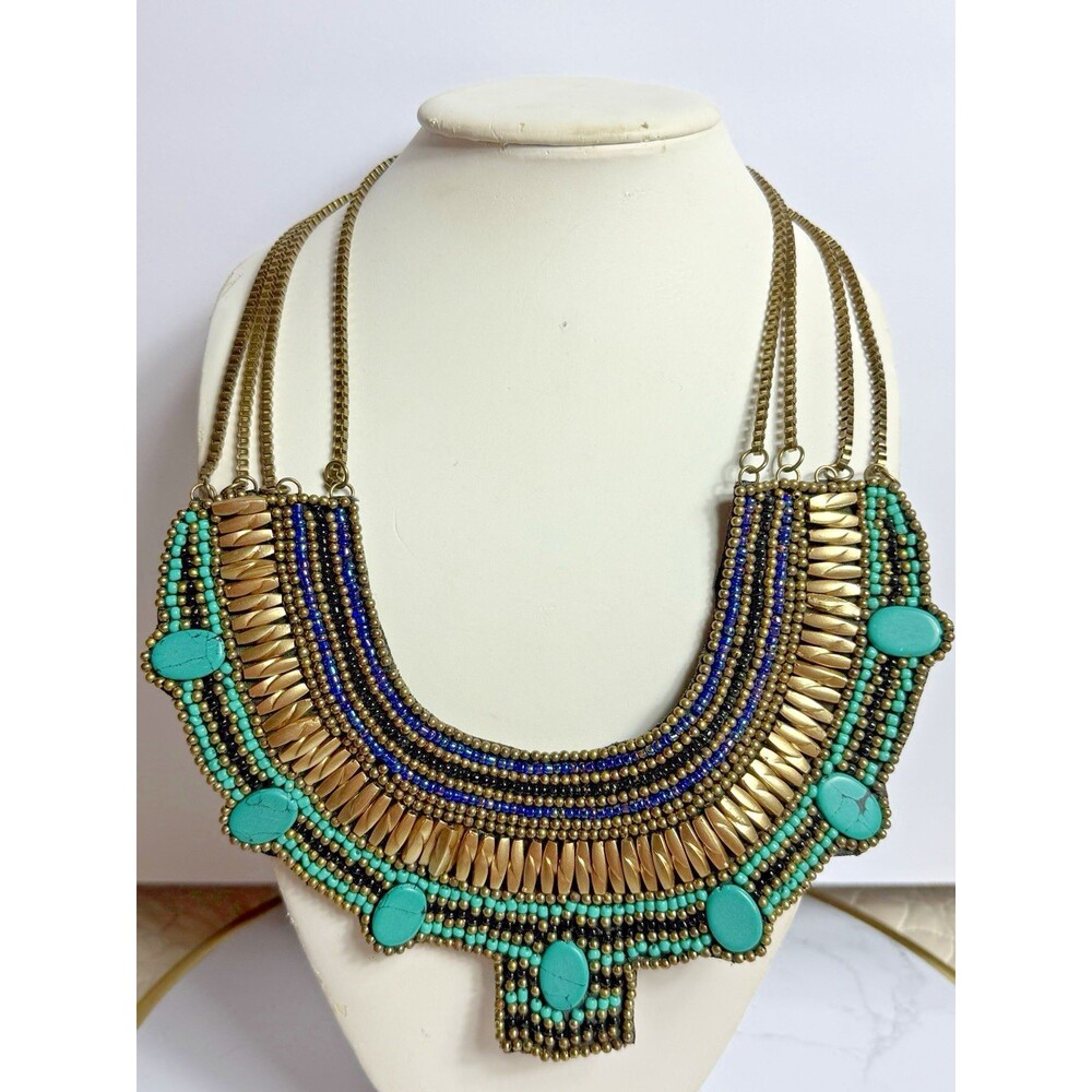 Vintage Bajalia Boho Tribal Gold Tone Turquoise Bead Statement Necklace Chain